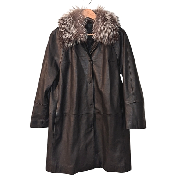 Lamb Fox Fur Collar Genuine Leather Brown Button Front Tunic Jacket Coat Small - Picture 1 of 12